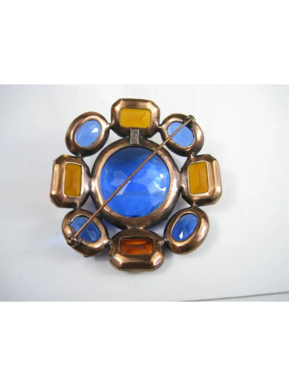 Yves Saint Laurent Vintage Statement Brooch Blue Glass Faceted Copper Tone READ